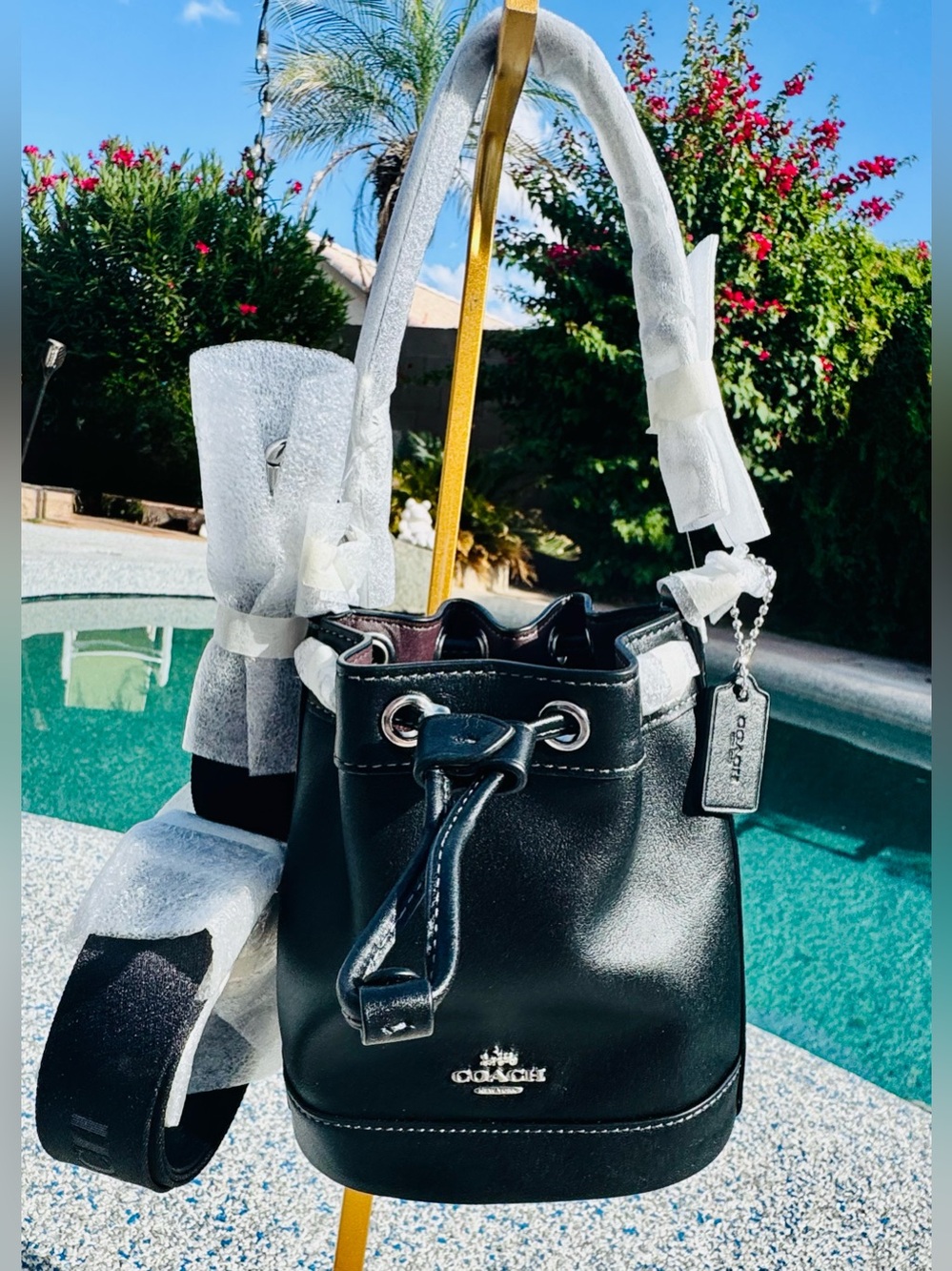 Coach Mini top handle Bucket Bag Black Calf Leather Drawstring w crossbody NWOT - Picture 2 of 15